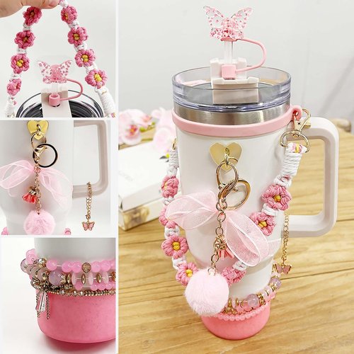 SNAIL GARDEN 13Pcs Accessories Set for Stanley Cup Include Beads Bracelets,Straw Covers,Cup Boot, Hanging Charms, Heart Hooks, Handle strap Cup Ring,Pink Stanley Cup Accessories Set for 30/40oz