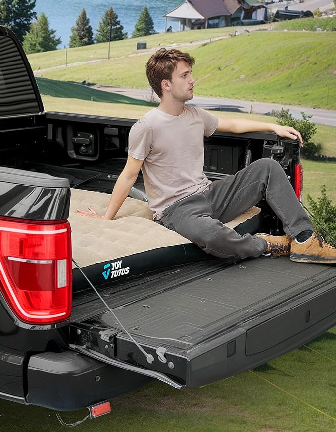 JOYTUTUS Truck Bed Air Mattress for 6.0-6.3Ft, Compact Regular Truck Beds,Anti-Leakage, with Air Pump&2 Pillows, Inflatable Pickup Mattress,Compatible with Tacoma&Ranger&Frontier,Camel&Black