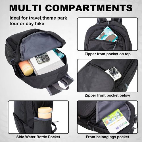 HOLYLUCK 20L lightweight packable Hiking Daypack Foldable Backpack for Men Women Small Travel Outdoor Foldable Shoulder Bag-black
