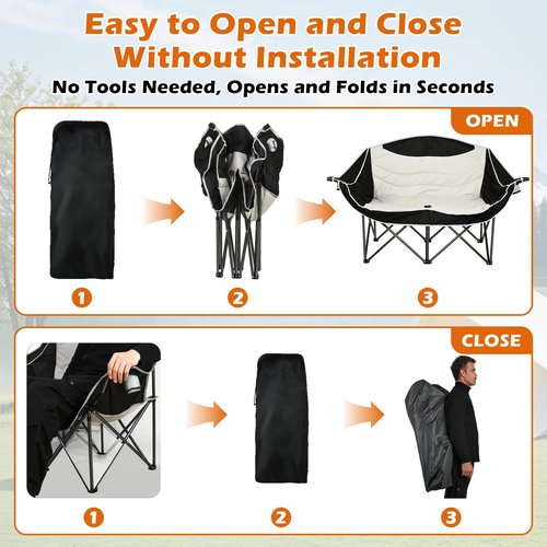 koldan Double Camping Chair, 550lbs Capacity 2-Person Camping Chair with Cup Holder Wine, Foldable Oversized Camping Loveseat for Couples, Family, Beach, Backyard for Outside Picnic