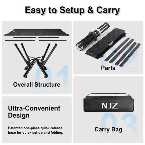 NJZ Folding Outdoor Camping Table, Aluminum Roll-Up Top and Carry Bag, 380 LBS Capacity, Lightweight Portable Tables for Picnic, BBQ and Tailgating.(Black)