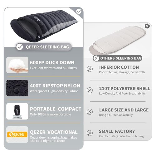 QEZER Down Sleeping Bag for Adults 600 Fill Power Cold Weather Ultralight Sleeping Bag with Compression Sack for Backpacking, Camping, Hiking