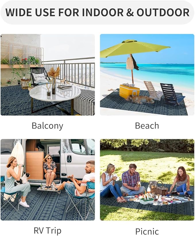 MontVoo Outdoor Rug Carpet Waterproof 6x9 Outdoor Patio Rug Mat Reverisble Plastic Straw Outdoor Rug for RV Camping Picnic Beach Balcony Boho Blue Green
