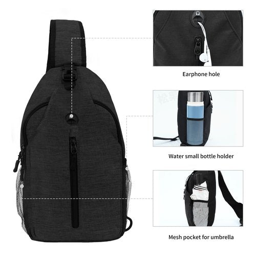 Monoki Sling-Bag Crossbody-Bag Women-Men Backpack-Daypack - Hiking Chest Travel with Water Bottle Pocket Adjustable Strap Multiple Layers Black