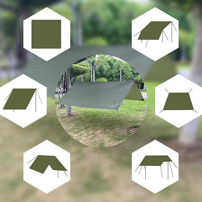 Hammock Rain Fly 10×10FT - Waterproof Camping Tarp Portable Tent Tarp Premium Backpacking Tarp Sheleter with UV Protection Layer for Camping Hiking Outdoor(OdGrreen)
