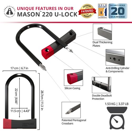 Seatylock Mason Bike U Lock - Patented Heavy Duty Anti Theft Diamond Security Bicycle Lock - Super Wide Safety Master Tool ULock with Keys for Electric Bikes Scooters and Motorcycles (8.66 Inch)