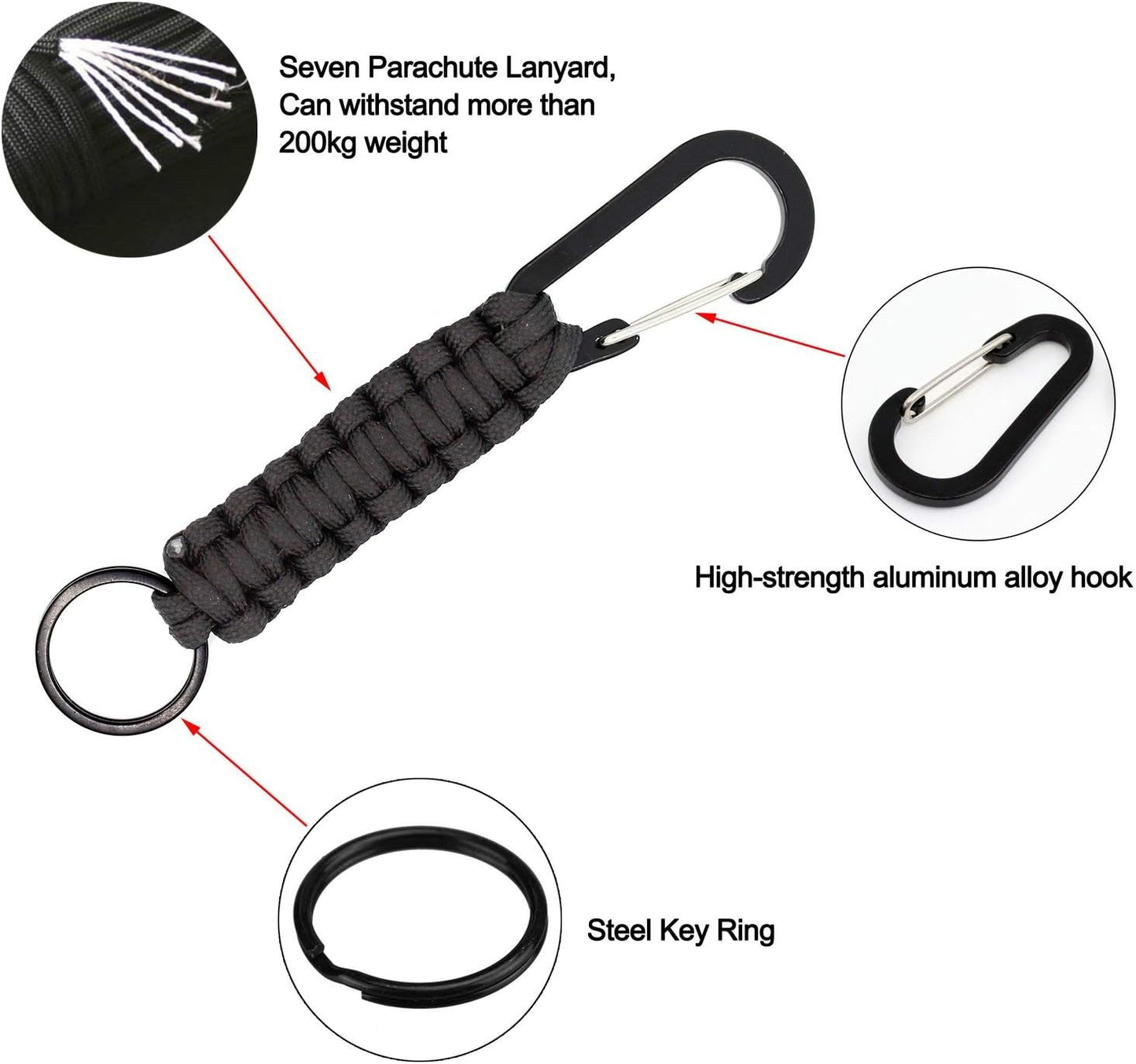 Paracord Keychain with Carabiner, Set of 5 Braided Lanyard Utility Ring Hook