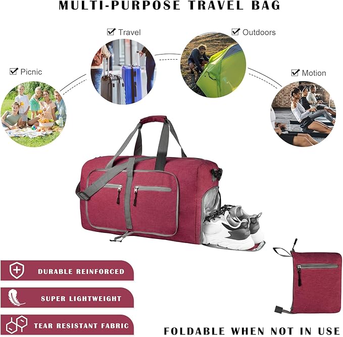 Dimayar 40L Travel Duffle Bag for Men Women - Foldable Duffel Bag with Shoes Compartment - Overnight Bags Waterproof & Tear Resistant(Red)