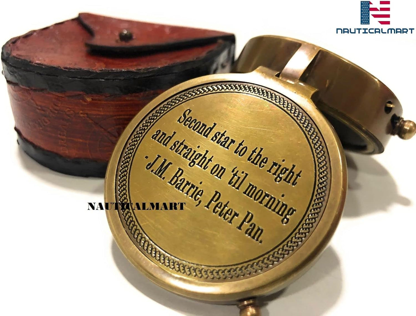 Second Star to The Right J. M. Barrie, Peter Pan Engraved Brass Compass Directional Compass Magnetic Pocket Personalized Gift for Camping, Hiking and Touring