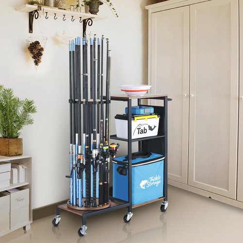 HapiRm Fishing Rod Holder for Garage - 360° Rotating Fishing Pole Rack with Wheels, Storage Organizer Cart for 12 Rods & Tackle Boxes - Space-Saving Fishing Rod Storage Stand for Men’s Fishing Gear
