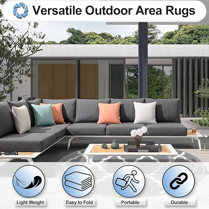OutdoorLines Indoor Outdoor Rugs for Patio 5 Feet - Reversible Outside Carpet, Stain & UV Resistant Portable RV Mats, Plastic Straw Rug for Camping, Pool Deck, Porch Moroccan/Grey & White