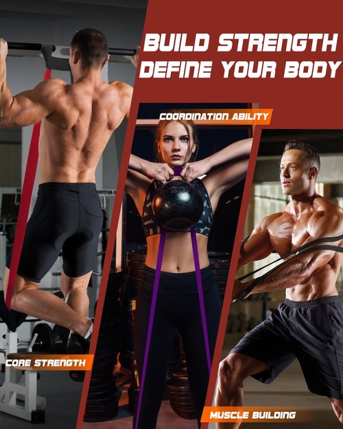 Fitense Resistance Bands Set 6PSC & 4PCS - Pull Up Bands 15-170 LBS & 5-80LBS for Men Women, Exercise Bands Resistance with Door Anchor, Training Poster & Pouch for Body Stretching, Pull Up Assist