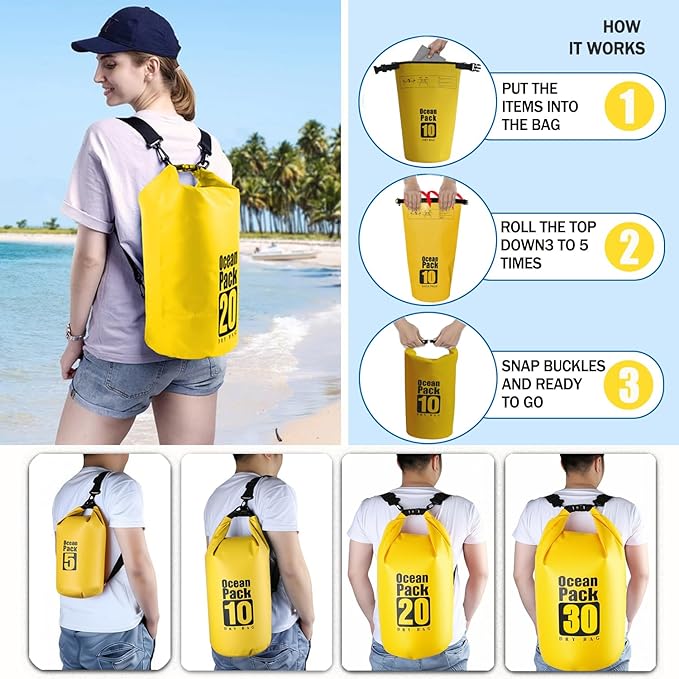 Floating Waterproof Dry Bag Backpack 5L/10L/20L, Roll Top Bag for Kayaking, Rafting, Boating, Swimming, Camping, Hiking, Beach, Fishing, Waterproof Beach Bag. (Yellow, 20L)