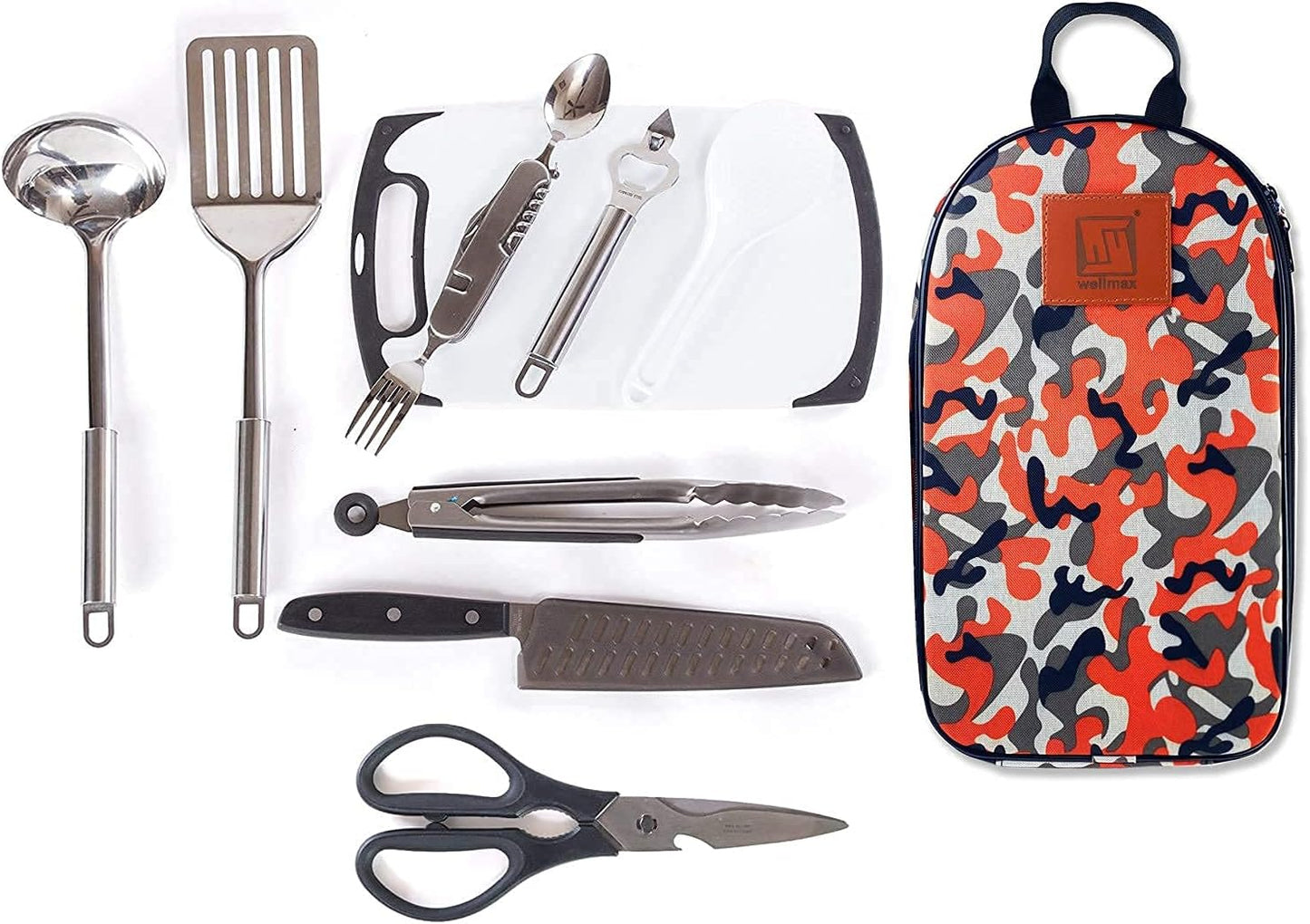 Wellmax 10-Piece Stainless Steel Camping Cooking Set – Compact All-in-One Cookware Kit with Utensils & Travel Bag for Campers, Hikers, Outdoor Adventures, Purple Camo Color