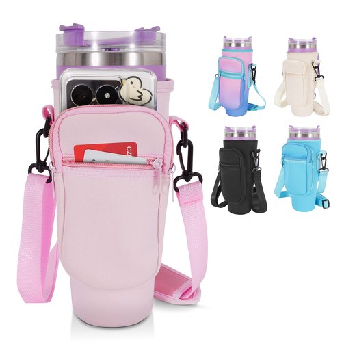 SOGIME Tumbler Holder with Strap for Stanley Cup 40oz,Machine Washable Cup Carrier Bag & Case with Phone Pocket Fit Most 40oz Tumbler with Handle,Pink