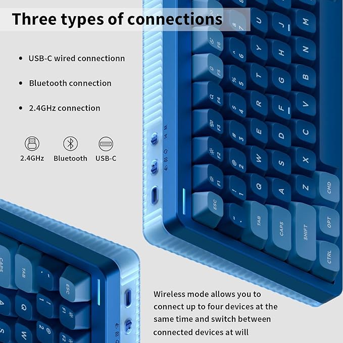nuphy Halo96 V2 Wireless Mechanical Keyboard, 96% Hot Swappable, 99 Keys RGB Backlit, Bluetooth/USB-C/2.4GHz, Silent Red Switches, Blue, QMK/VIA Support