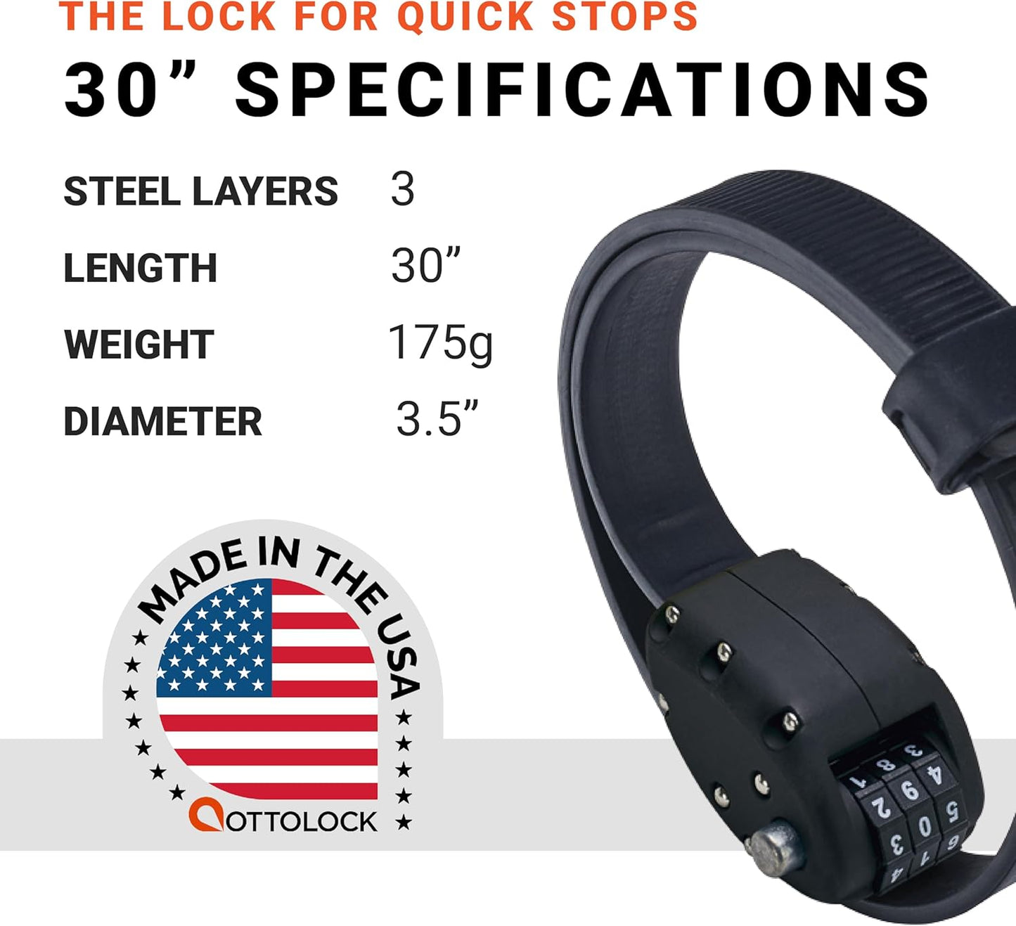 OTTOLOCK Cinch Lock - Lightweight Anti Theft Compact Combination Bike Lock, Ideal for Quick Stops, Bicycle Accessories, Stealth Black, 30 Inch