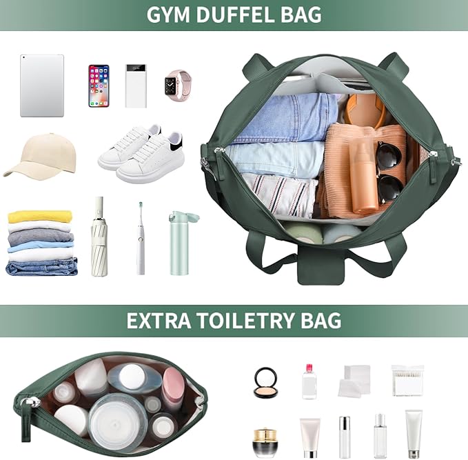 ETRONIK Gym Bag for Women, 47L Carry On Travel Duffel Bag with Shoes Compartment, Weekender Overnight Bag with Wet Pocket & USB Charging Port for Women, Travel, Gym, Weekend, Large Size (Dark Green)