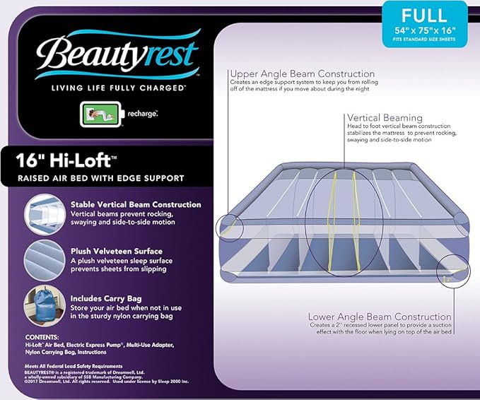 Beautyrest Hi-Loft Full Size Air Mattress with Vertical Beam Construction, Edge Support, External Pump and Puncture Resistant Vinyl for Guests and Camping