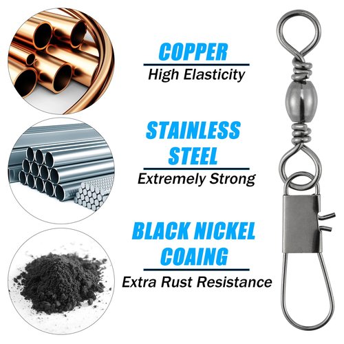 Dr.Fish 50 Pack Fishing Snap Swivels, Barrel Swivels Fishing Tackles, Stainless Steel Safty Interlock Snaps Leader Line Lure Connector Fresh&Saltwater #2/0