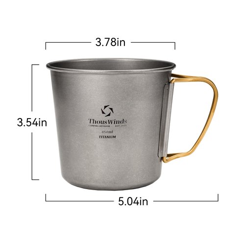 Thous Winds Titanium Mug, 450ml 15oz, Camping Coffee Cup with Foldable Handle and Lid, Lightweight Cup for Outdoor Backpacking Hiking