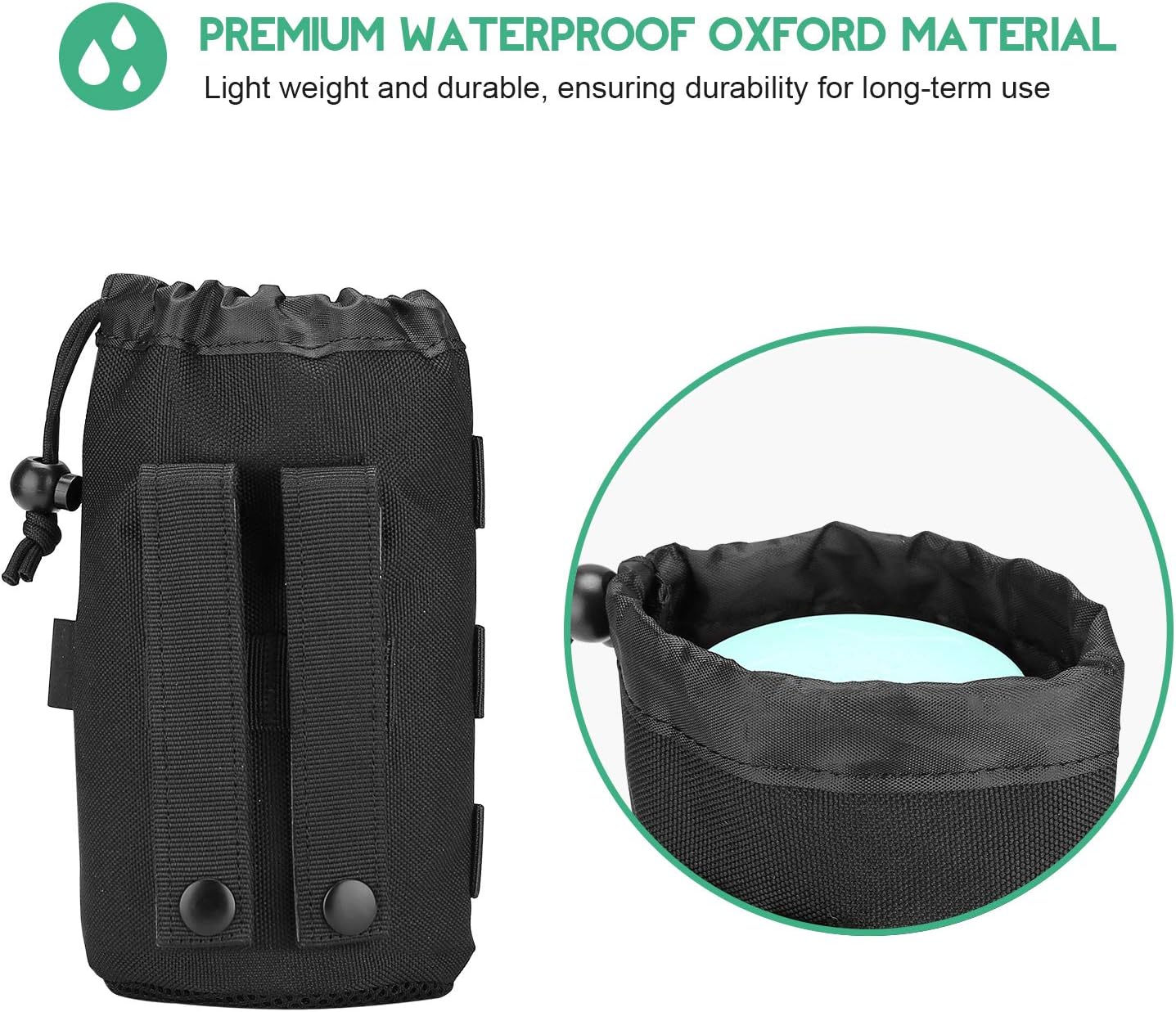 ProCase Tactical Molle Water Bottle Pouch, Military Bottle Holder with Top Drawstring & Mesh Bottom, Portable Water Container Pouch Bag Hydration Carrier for Camping Hiking Hunting Traveling –Black