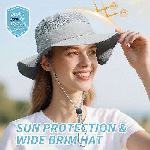 OZERO Bucket Hats for Men Women Sun Protection: Breathable Wide Brim Boonie Hat - Lightweight Fishing Hat for Hiking Safari Beach Gray