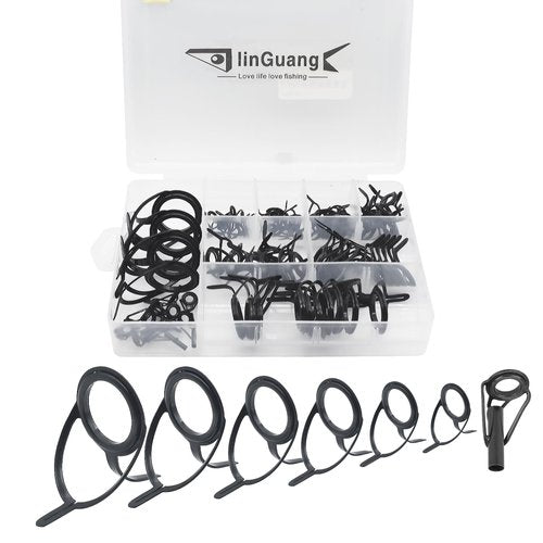 LINGUANG 85 pcs Black Surf Bait Casting Spinning Rod Fishing Line Guides and Tips Saltwater，Double Legged Stainless Steel Ceramics Eyelet Repair Replacement Kit（75pcs guide and 10 pcs tips）
