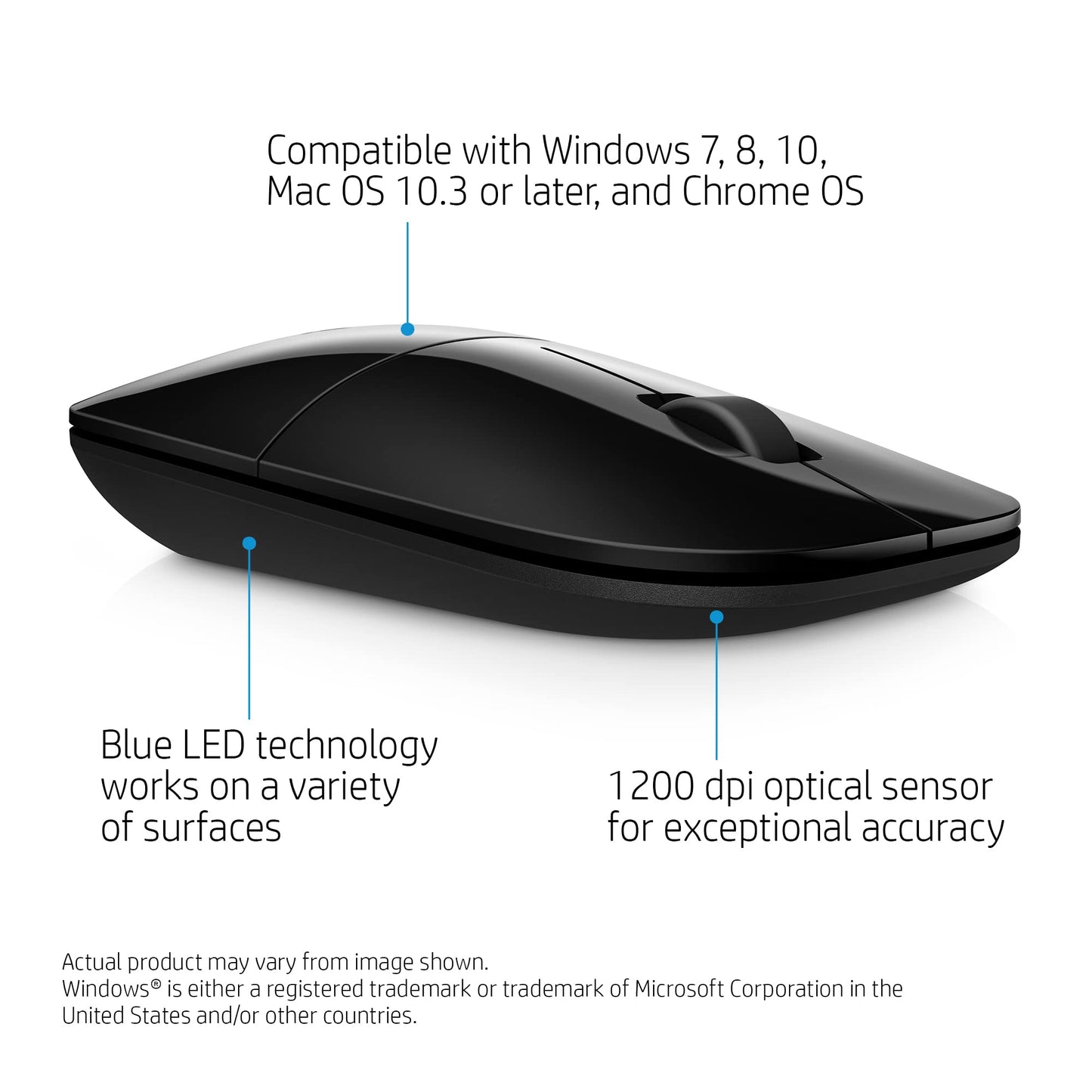 HP Wireless Mouse Z3700 (26V63AA#ABL, Black), Dimensions (mm) : 101 x 60 x 25.3