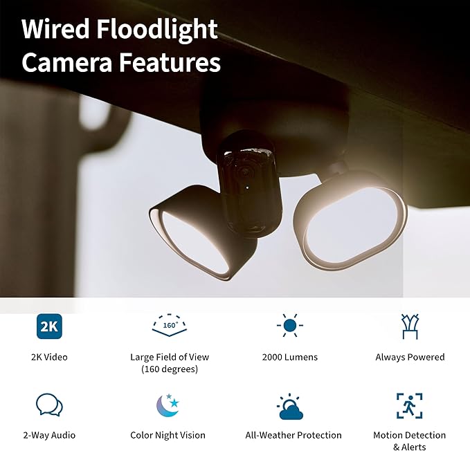 Arlo Wired Floodlight Camera | Home Security Camera with 2K Video and HDR | 2000 Lumens | Integrated Siren, Weather-Resistant, Color Night Vision, 160º Field of View, 2-Way Audio Black (2025)