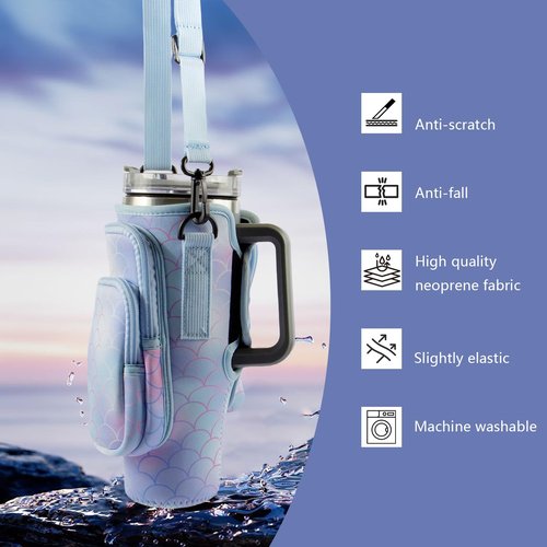 WNGERGOU Water Bottle Carrier Bag with Phone Pocket for Stanley, Water Bottle Holder with Strap for Stanley Accessories 30oz, Stanley Cup Accessories Total 3 Pockets (30oz-fish scales)