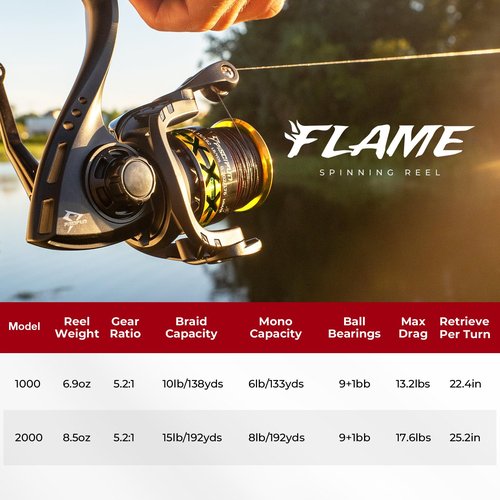 Piscifun Flame Spinning Reels, Lightweight 9+1BB Ultra Smooth Spinning Fishing Reels, Carbon Fiber 19.8Lbs Max Drag, 1000, Gold