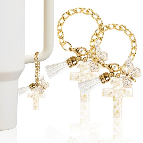 OSVINO 2PCS Charm Accessories for Stanley Cup, Cross-Shaped Keychain with Bling Butterfly Chain for Stanley Tumbler Handle, Cute Water Bottle Chain for Women Men Gift, Gold