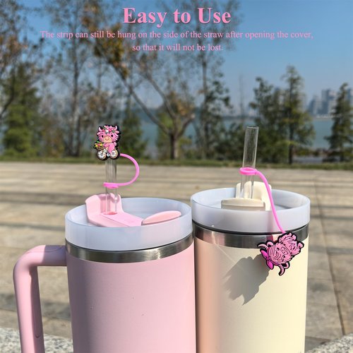 Amreich Straw Toppers - Pink Highland Cow Straw Cover Silicone Tumbler Accessories for Stanley 30-40 Oz Cups 0.4in Cow Straws Covers Cap