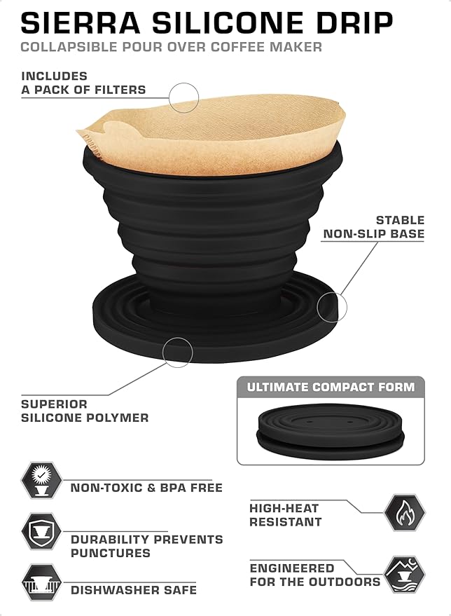 COLETTI Sierra Pour Over Coffee Dripper — Collapsible Pour Over Coffee Dripper — Includes Pack of Paper Filters [Black, Pack of 2]