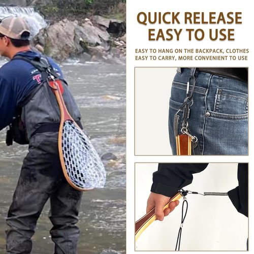 SEASPRO Fly Fishing Landing Net Trout Soft 23.62in Rubber Catch and Release Fish Net with Wooden Handle Frame Magnetic Fly Fish Net
