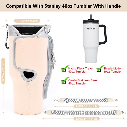 Water Bottle Holder Carrier with Adjustable Strap for Stanley Cup 40oz with Handle, Neoprene Water Bottle Sling Bag with Phone Pocket & Carabiner Tumbler Accessories, Birthday Gifts for Men Women