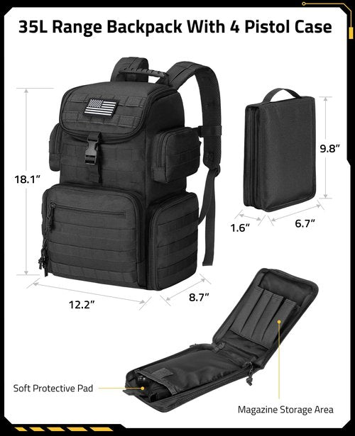 CVLIFE Tactical Range Backpack with Removable Divider, Gun Cases Bag with 4 Pistol Carrying Cases for Handgun and Ammo, Large Military Molle Assault Pack Rucksack for Shooting Hunting, Black