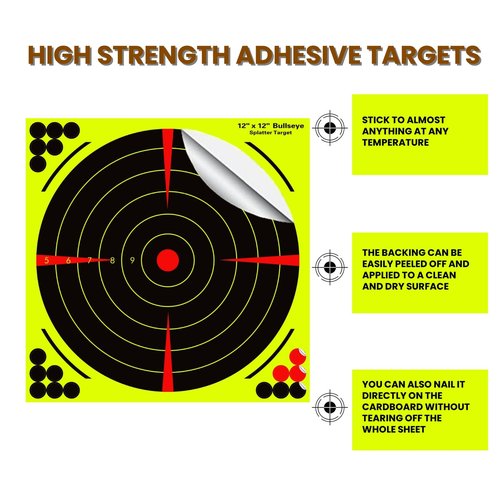 Lipulacer 12x12 inch Splatter Targets, Bullseye Shooting Targets Adhesive Stickers with Bright Fluorescent Yellow Effect for Outdoor Indoor Shooting Practice(20PACK)