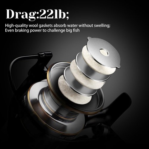 Lacusmall Spinning Fishing Reel, Saltwater Freshwater Spinning Fishing Reel, HE Series 22LBs Max Drag, 12 Ball Bearings,5.2:1,1000,3000,4000, 5000 Series（5000）