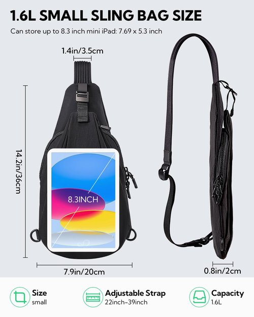 WATERFLY Small Crossbody Sling Bag: Lightweight Women Men Sling Backpack Stylish Casual Cross Body Bag Adjustable Straps Chest Bag Daypack for Shopping Hiking Travelling Black