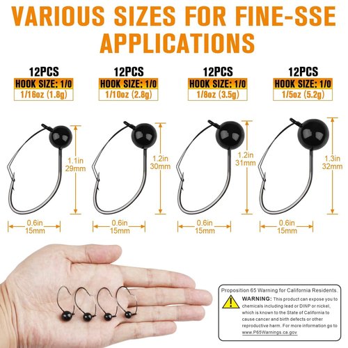 Dovesun 12PCS Weedless Jig Head Wacky Rig Hooks Weedless Fishing Hooks Jig Heads for Bass Fishing Worm Weights Hook 1/16oz