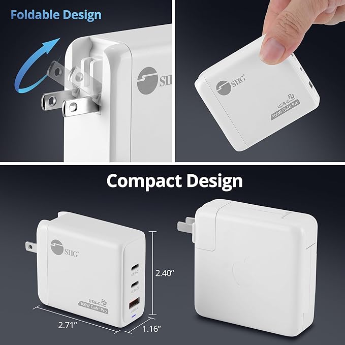 SIIG 100W USB C Charger, 3-Port GaN 3 Pro Fast Wall Charger, 2 USB-C PD 3.0, 1 USB-A QC 3.0 Ports, Compact Foldable Plug, ETL Certified, for MacBook, iPhone, Samsung Galaxy, and More (AC-PW1Z11-S1)