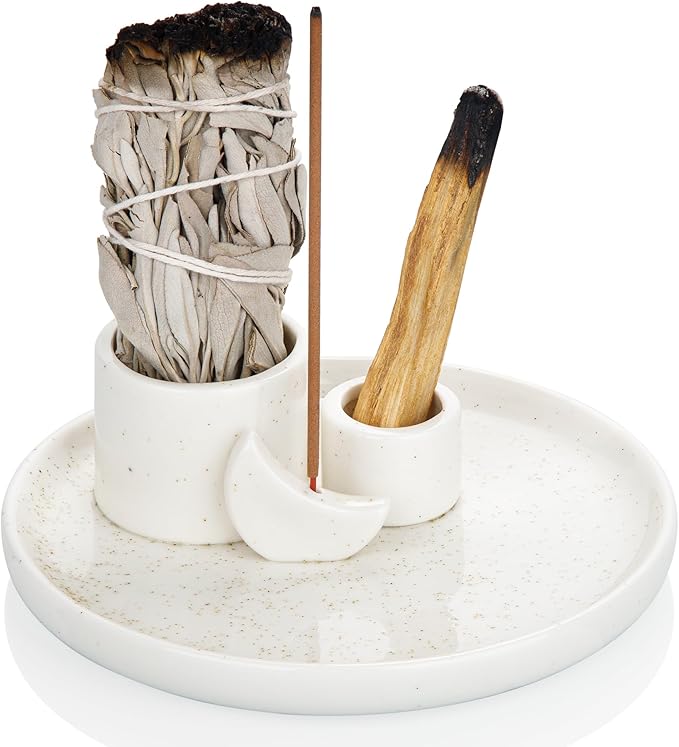 ZenBless 4 in 1 Incense Burner Holder, Palo Santo Holder, Sage Holder for Burning, Incense Holder for Sticks, Candle Holder, 5.9 inches Ceramic Ash Catcher Tray for Meditation Yoga Room(White)
