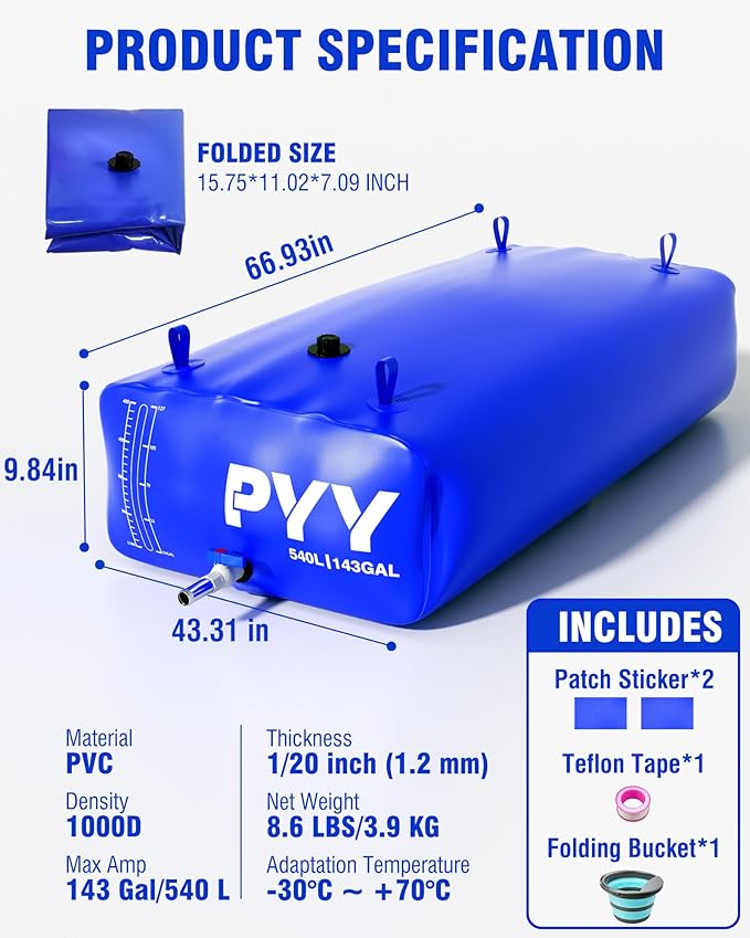 PYY Portable 143 Gallon Water Bladder - Truck Bed,Carrier Cart, Large Water Bob Bathtub Emergency Water Bladders for Outdoor RV & Car Camping,Water Storage Bladder with Spigot,Overflow Kit-Blue 540L