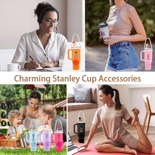 Rabrgab 7Pcs Orange Stanley Cup Accessories Set - Water Bottle Handle Strap, Silicone Flower Straw Topper, Silicone Cup Boot, Pompom and Flower Charms for Water Bottle Tumbler 20oz 30oz 40oz