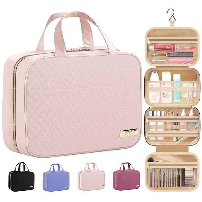 HOTOR Travel Toiletry Bag w/Hanging Hook - Spacious Toiletry Bag Essentials for Women & Men, Makeup Bag/Big Comparment, Waterproof for Travel Accessories, Medium, Pink