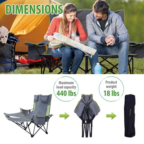 Reclining Double Camping Chair,Adjustable Backrest Two Person Beach Chairs with Foot Rest,Folding Camping Loveseat,Support 600lbs,Lounge Chair Outdoor,Office,Removable Headrests,Cooler Bag,Cup Holder