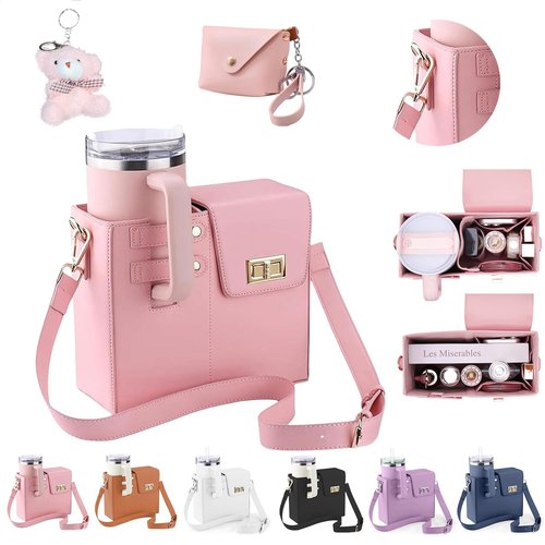 Stanley Cup Purse, Crossbody Bag with Water Bottle Holder, Adjustable Women Shoulder Strap for Stanley Cup Tumbler 40 oz (Pink)