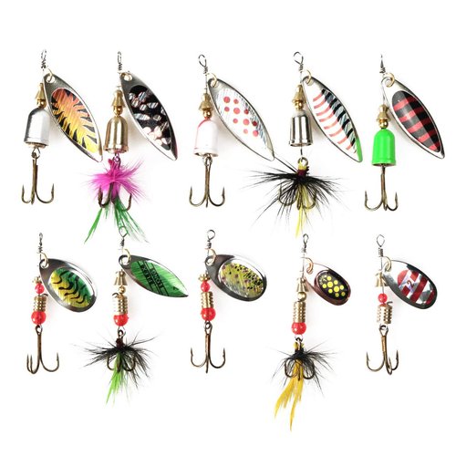 WOLFSKIN Fishing Lures Kit, 10 PCS Spoons Baits Set, Spinnerbaits for Trout Salmon Bass Walleye, Freshwater and Saltwater Hard Metal Fishing Bait, Sequin Baits (Spinnerbait)